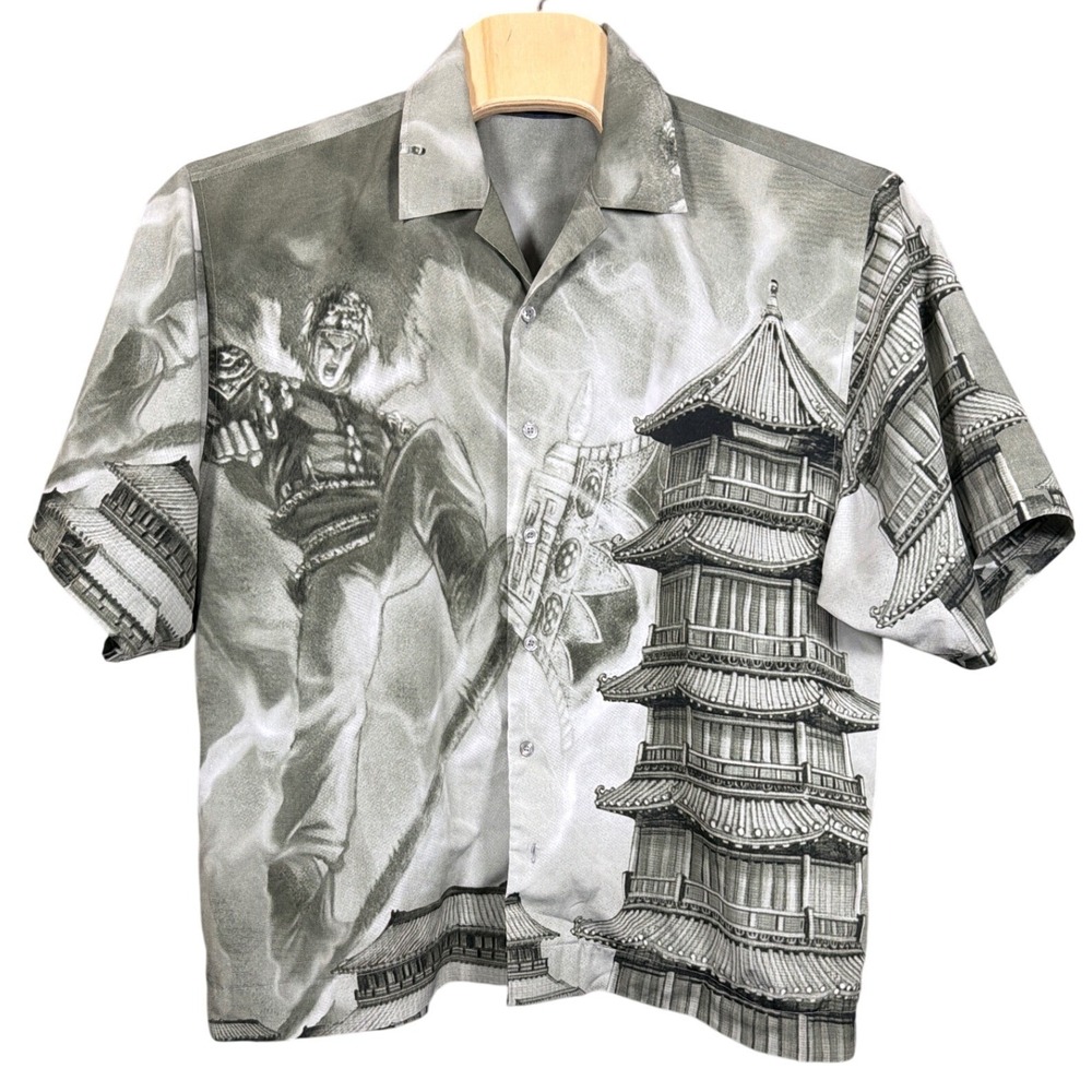 Wingo Button Down Shirt Mens XXL Martial Arts Pagoda Graphic Grey Short Sleeve